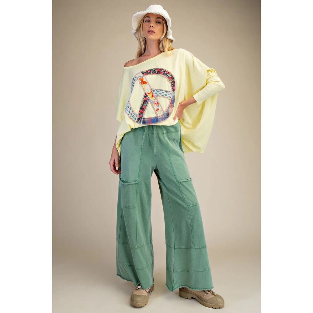 "Elora" French Terry Cargo Wide Leg Pants in Juniper Green